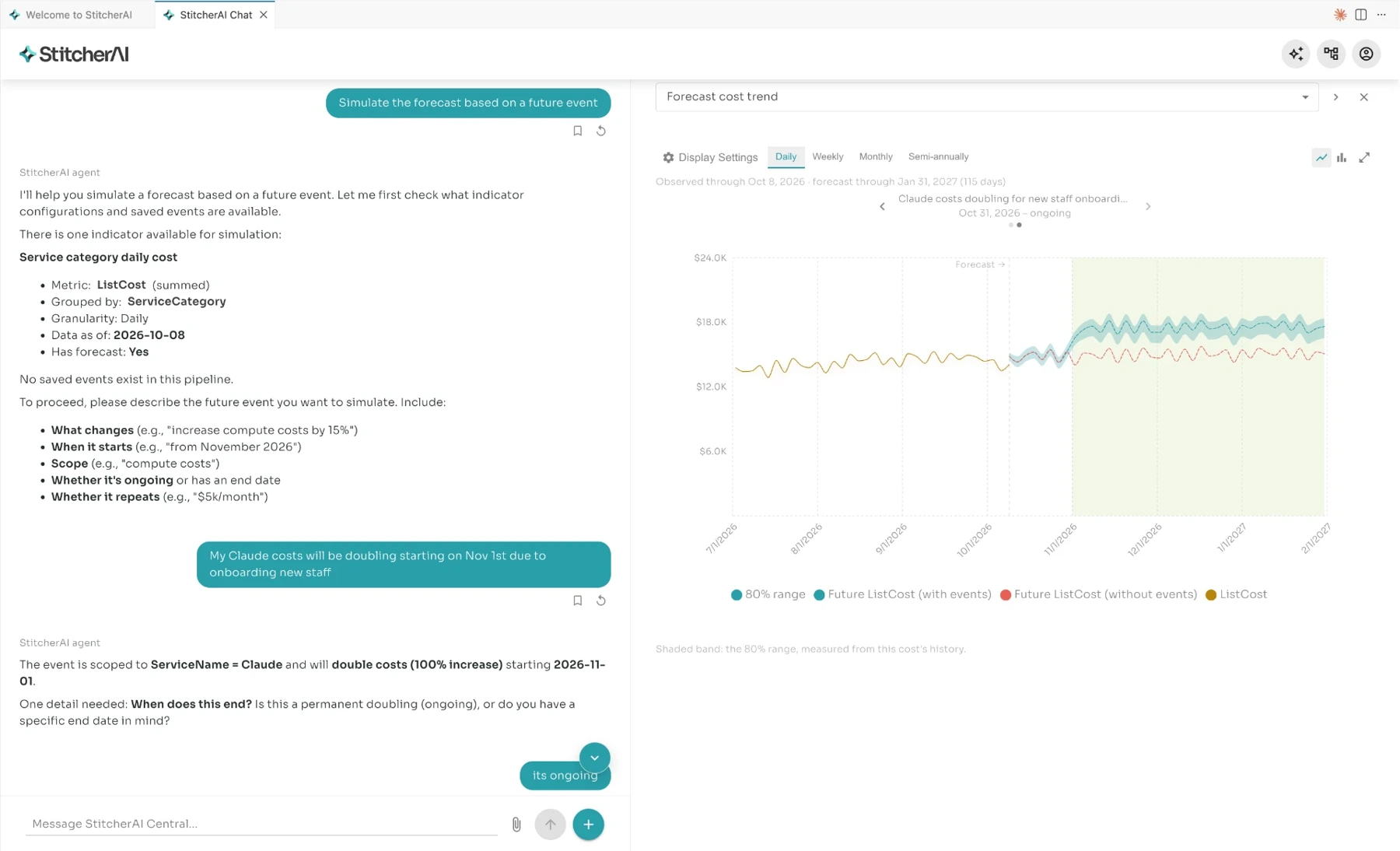 StitcherAI simulates a future event in natural language and compares forecast Claude costs with and without the event, including an 80% confidence range