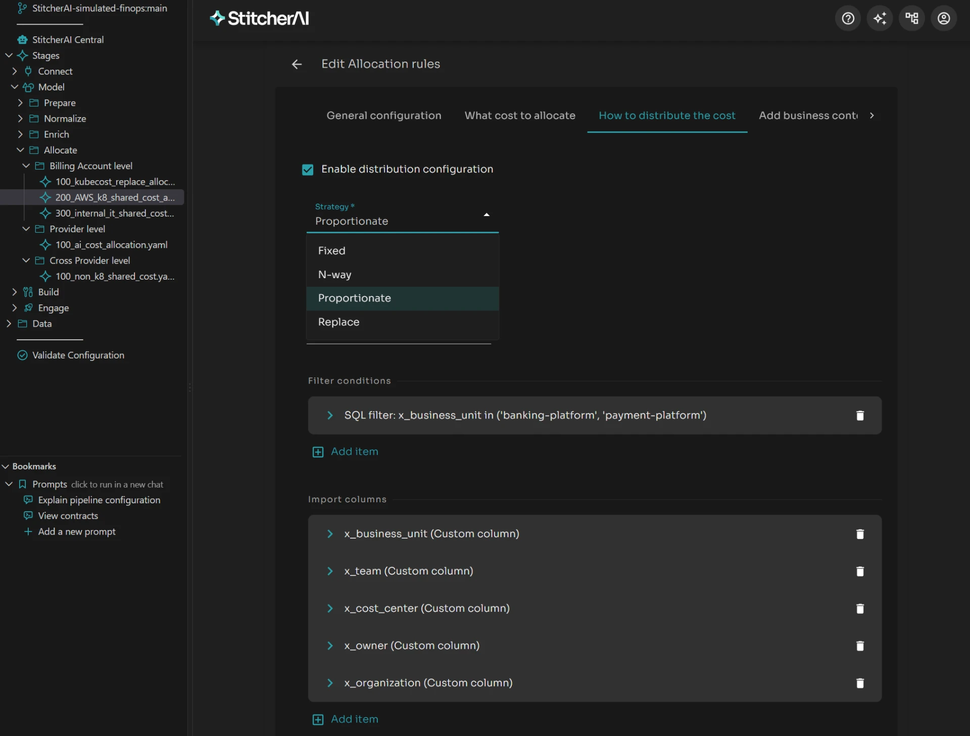StitcherAI allocation rules editor showing allocation scopes and distribution strategies including fixed, n-way, proportionate, and replace