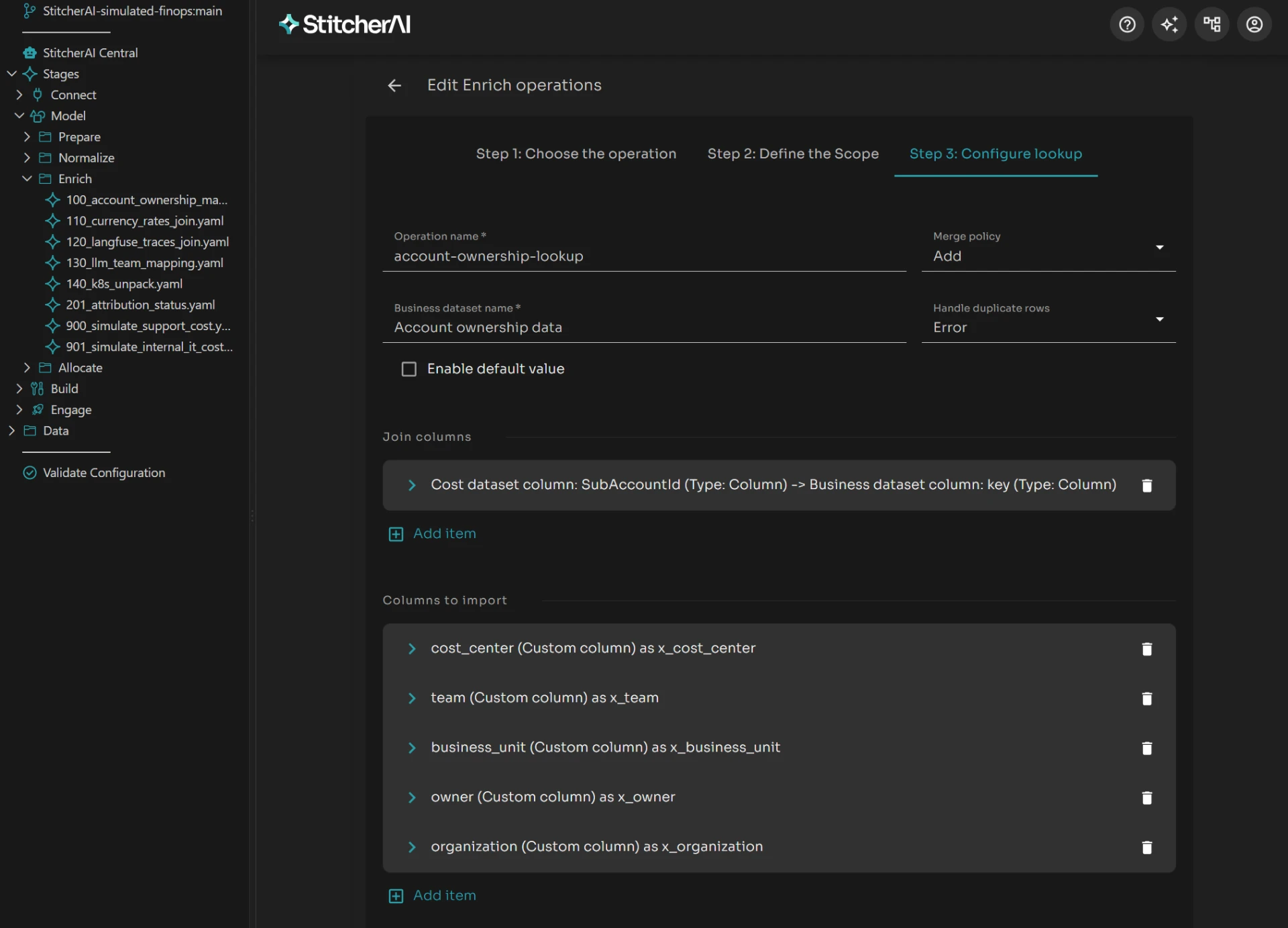 StitcherAI lookup operation configuration — joining an account ownership business dataset onto cost data to import cost center, team, business unit, owner and organization